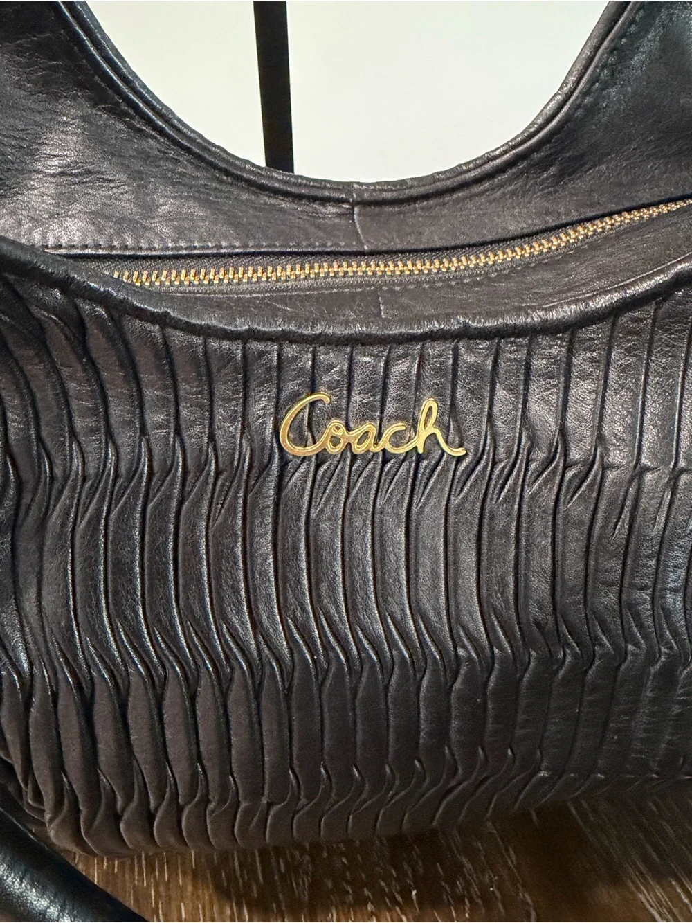 Coach Ashley Black Gathered Leather Shoulder Bag with Brass Accent F23928